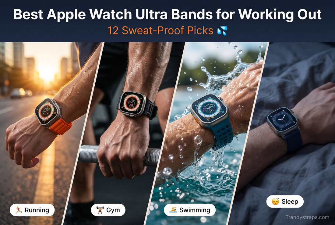 Best Apple Watch Ultra bands for working out shown on athletes running, lifting, swimming and sleeping, by Trendystraps.com
