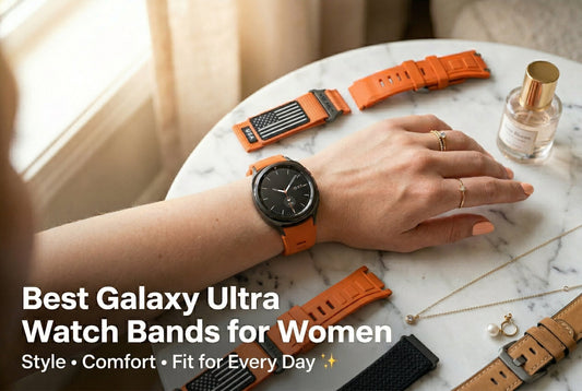Best Galaxy Ultra watch bands for women — stylish braided nylon band on Samsung Galaxy Watch Ultra 47mm with feminine accessories on marble surface