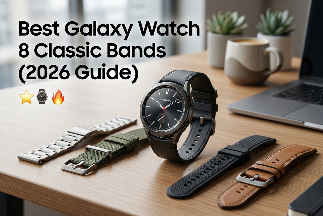 Best Galaxy Watch 8 Classic bands 2026 including leather, titanium, nylon and silicone straps in a premium lifestyle setup