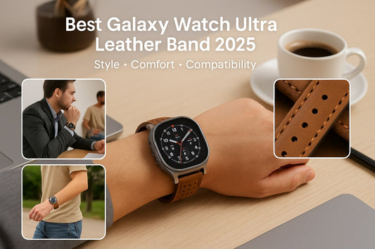 Galaxy Watch Ultra 47mm 2025 with brown leather band on wrist showing premium business look, hero banner for TrendyStraps blog.