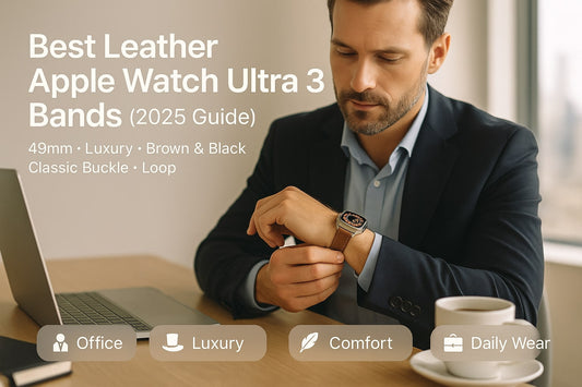 Man adjusting Apple Watch Ultra 3 with brown leather strap at modern office desk – Best Leather Apple Watch Ultra 3 Bands 2025 Hero Banner