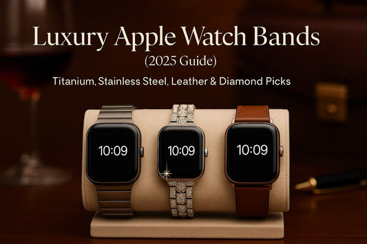 Luxury Apple Watch bands 2025 guide showcasing titanium, diamond, stainless steel, and leather watch straps on display stand – premium picks for Apple Watch Series 10, Ultra, and SE.