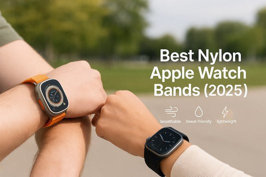 Best Nylon Apple Watch Bands 2025 hero banner featuring Apple Watch Ultra 3 with orange Alpine Loop and Apple Watch Series 11 with braided solo loop in city park lifestyle setting.