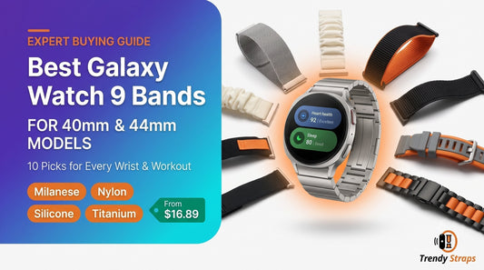 Best Samsung Galaxy Watch 9 bands hero image showing Milanese, titanium, nylon and silicone straps for 40mm and 44mm models