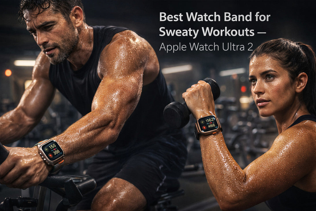 Athletes training in a gym wearing Apple Watch Ultra 2 with sweat-resistant bands, showing breathable trail loop, silicone and rubber workout straps during intense workouts