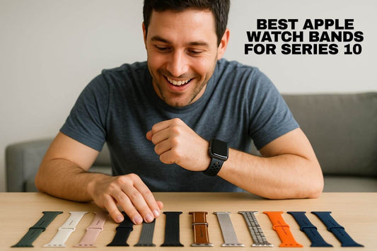 Man happily comparing various Apple Watch bands for Series 10 on a table.