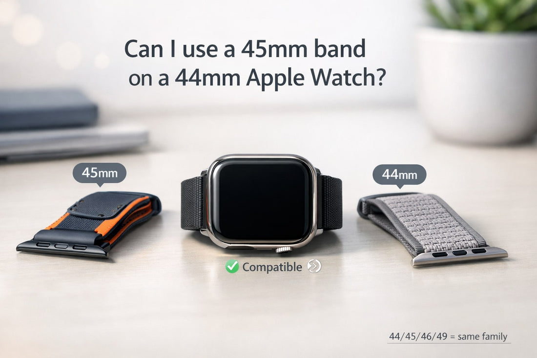 Hero banner showing a 44mm Apple Watch with interchangeable 45mm and 44mm bands, highlighting band compatibility for 44/45/46/49mm models.