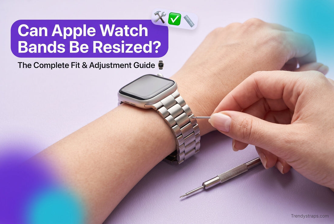 Person resizing a silver stainless steel Apple Watch band with a pin tool — Can Apple Watch bands be resized guide by Trendystraps