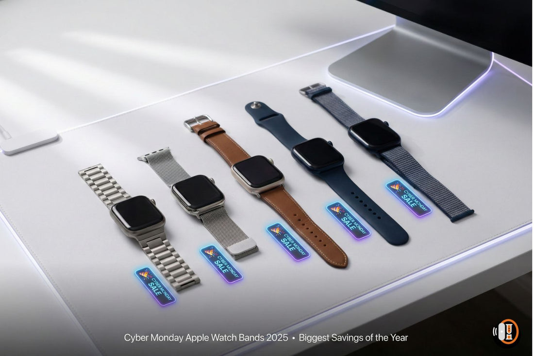 Cyber Monday Apple Watch Bands 2025 hero banner showing multiple Apple Watch band styles including titanium, leather, stainless steel, silicone, and nylon with sale elements.