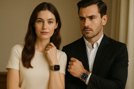 Designer Apple Watch Bands: Luxury, Custom & Upcycled Picks showcased on a couple wearing stylish outfits with Apple Watches.