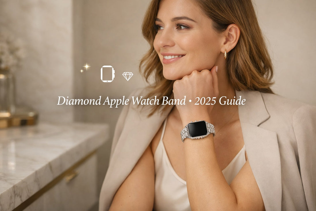 Luxury diamond Apple Watch band styled as an elegant bracelet for women, showcasing fit, sparkle, and premium jewelry design in a 2025 buying guide