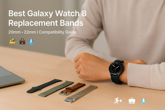 Hero image showing the best Galaxy Watch 8 replacement bands—silicone, nylon, leather and titanium—on-wrist and on desk with 20mm/22mm compatibility focus.