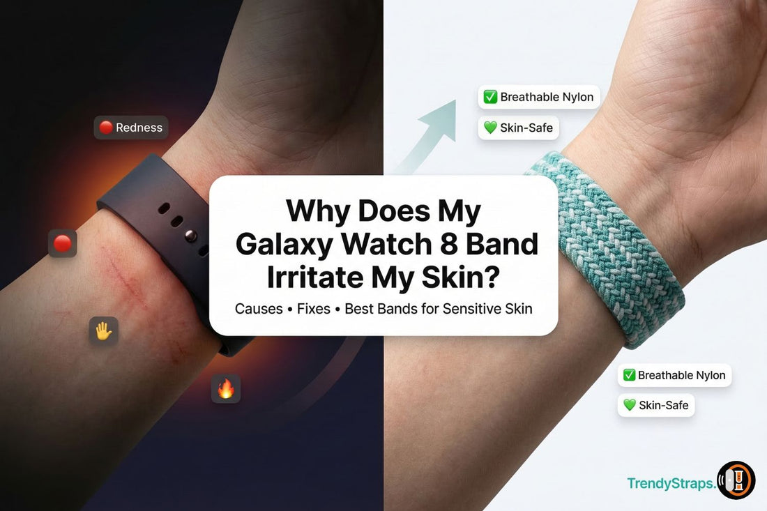 Galaxy Watch 8 band causing skin irritation on wrist showing redness and rash next to breathable nylon replacement bands for sensitive skin