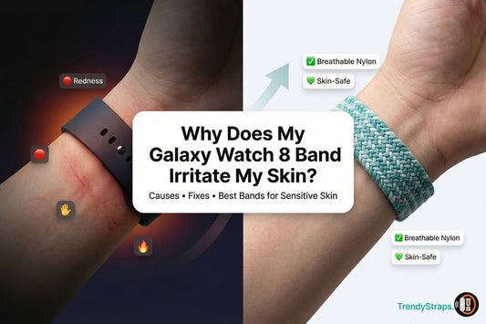 Galaxy Watch 8 band causing skin irritation on wrist showing redness and rash next to breathable nylon replacement bands for sensitive skin