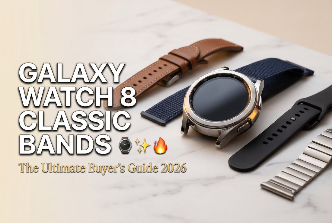 Samsung Galaxy Watch 8 Classic 46mm with leather, nylon, silicone, and titanium band options displayed for the ultimate 2026 buyer's guide to Galaxy Watch 8 Classic bands.