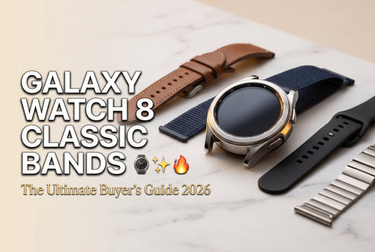 Samsung Galaxy Watch 8 Classic 46mm with leather, nylon, silicone, and titanium band options displayed for the ultimate 2026 buyer's guide to Galaxy Watch 8 Classic bands.