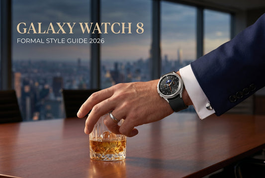 Galaxy Watch 8 with luxury black leather band paired with a navy formal suit and white shirt cuff in an executive boardroom setting