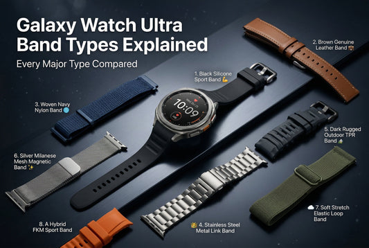 Galaxy Watch Ultra band types explained — complete comparison guide showing silicone, leather, nylon, metal, rugged, magnetic, stretch, and hybrid straps for Samsung Galaxy Watch Ultra