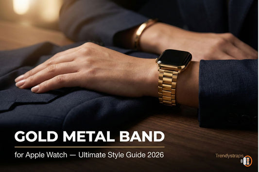 A person wearing an Apple Watch with a gold metal stainless steel bracelet band on their wrist, photographed in warm luxury lighting with text overlay reading "Gold Metal Band for Apple Watch – Ultimate Style Guide 2026