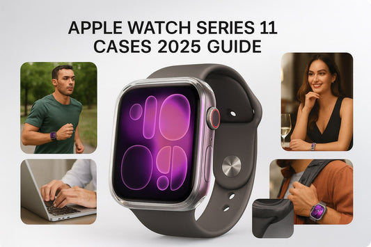 Apple Watch Series 11 hero banner showing clear, rugged, metal, and luxury protective cases with pink-purple watch face in modern daylight Apple-style aesthetic.