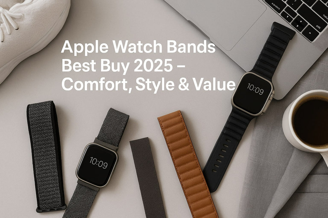 Flat lay hero banner featuring Apple Watch Ultra 2 and Series 10 with sport loop, leather, nylon, and silicone bands, placed beside a laptop, coffee cup, and sneakers. Text overlay: Apple Watch Bands Best Buy 2025 – Comfort, Style & Value.