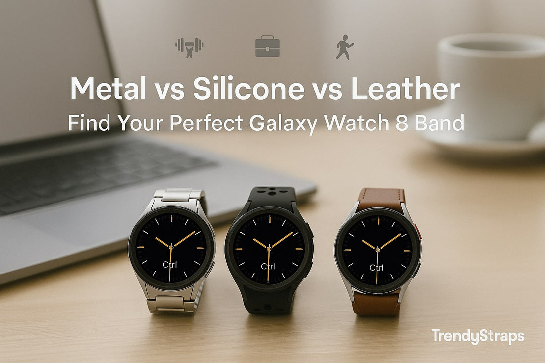 Hero banner showing Samsung Galaxy Watch 8 bands comparison — metal, silicone, and leather options on desk with fitness, work, and style icons.