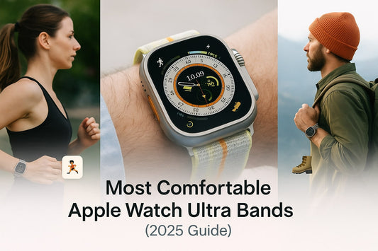Hero banner showing Apple Watch Ultra 3 with Trail Loop, Braided Solo Loop, and Alpine Loop as the most comfortable Apple Watch Ultra bands for 2025.