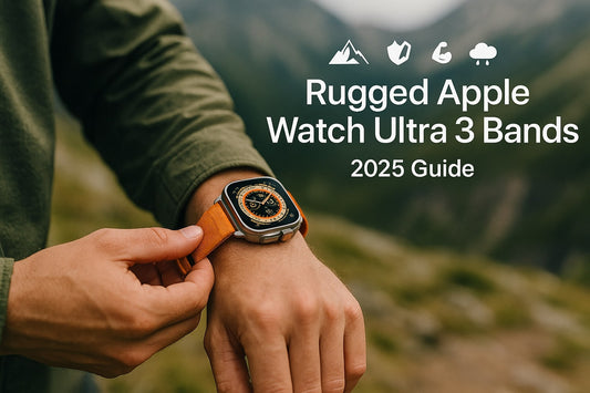 Hero banner showing a rugged Apple Watch Ultra 3 band on a mountain trail with icons representing durability, adventure, and outdoor performance.