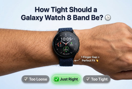 Infographic showing how tight a Galaxy Watch 8 band should be for comfort, featuring the one-finger rule and ideal fit zones for daily wear, workouts, and sleep