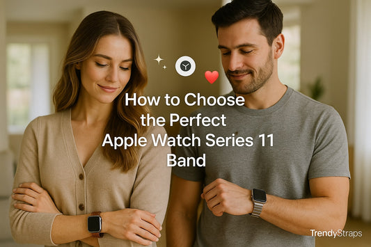 Hero banner showing man and woman wearing Apple Watch Series 11 with stylish bands, representing how to choose the perfect Series 11 band.