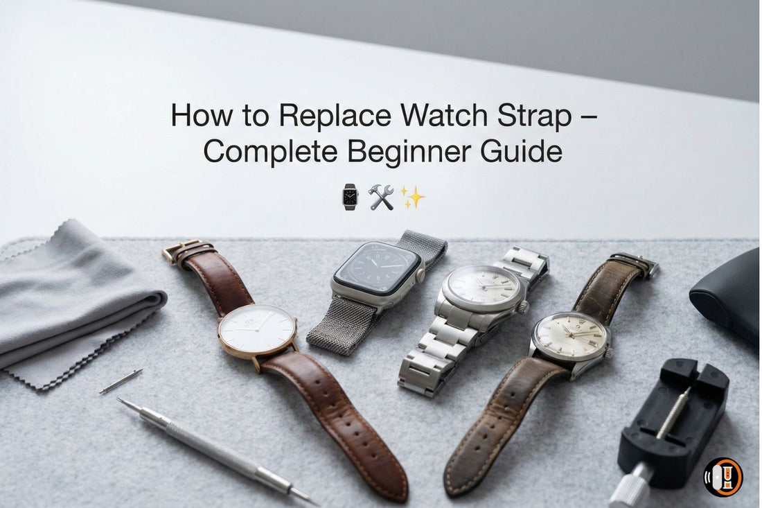Hero banner showing Apple Watch and classic watches with strap replacement tools for how to replace watch strap guide