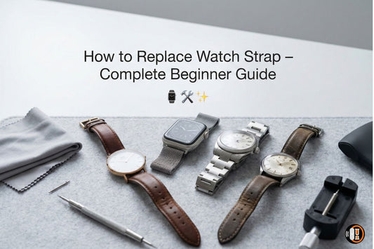 Hero banner showing Apple Watch and classic watches with strap replacement tools for how to replace watch strap guide