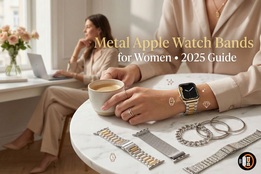Woman wearing premium metal Apple Watch band with gold, silver, Milanese, and bracelet styles displayed — 2025 women’s Apple Watch band styling guide.