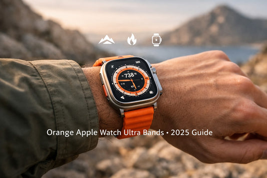 Orange Apple Watch Ultra bands showcased on Apple Watch Ultra in a rugged outdoor lifestyle setting, highlighting durability, style, and performance for 2025