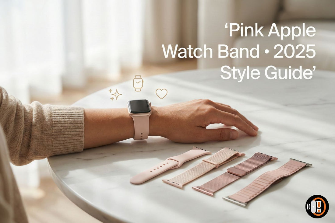 Hero banner showing woman wearing a Pink Sand Apple Watch band with multiple pink watch band styles displayed on a marble table — Pink Apple Watch Band 2025 Guide.