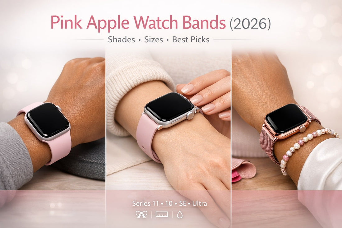 Premium lifestyle image showing light pink, pink sand, and rose pink Apple Watch bands in sport, everyday, and Milanese mesh styles, compatible with Apple Watch Series 11, Series 10, SE, and Ultra (2026 guide).