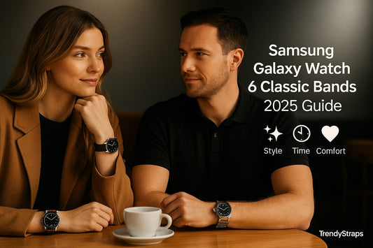 Man and woman wearing Samsung Galaxy Watch 6 Classic bands (leather, steel, silicone) sitting in café – 2025 Guide by TrendyStraps.