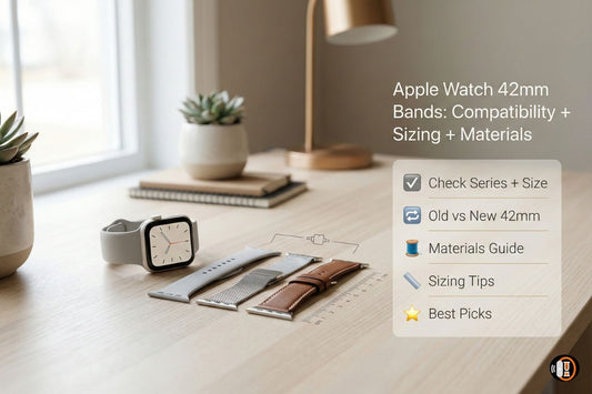 Watch bands for Apple Watch 42mm compatibility and sizing guide showing old vs new 42mm fit and best materials