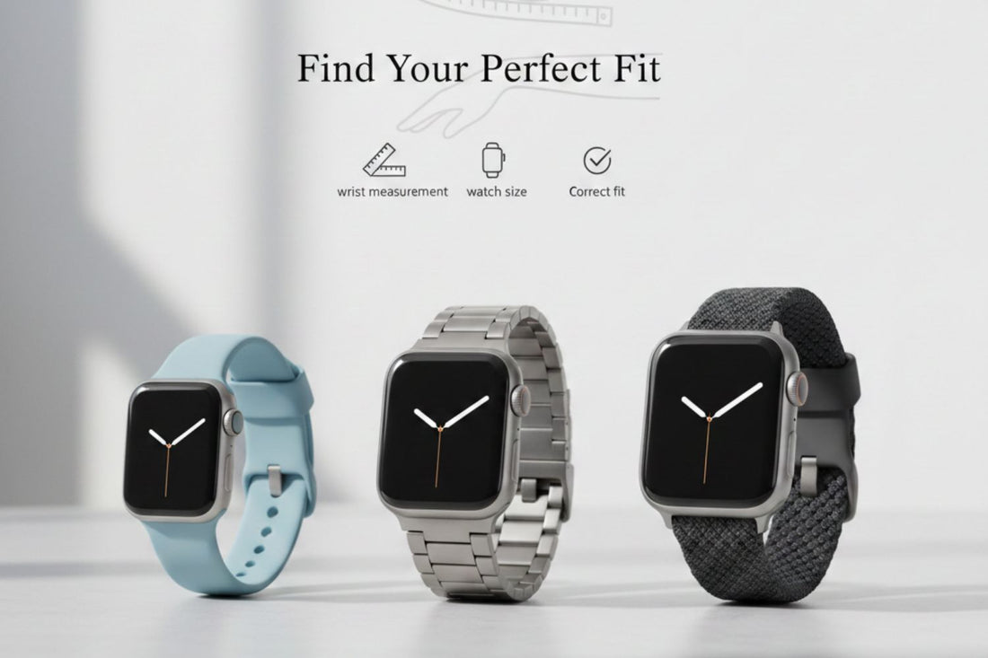 Apple Watch band size guide showing different Apple Watch models, wrist measurements, and band styles to help choose the correct Apple Watch band size for any wrist.