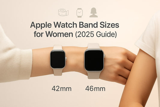 Hero banner showing Apple Watch on a woman’s wrist, 42mm vs 46mm case side by side, with tape measure icon and text overlay “Apple Watch Band Sizes for Women 2025 Guide”. Clean lifestyle background with modern Apple-inspired gradient.