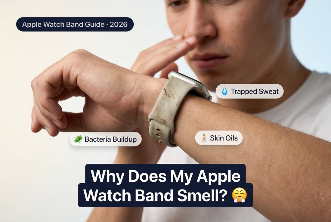 A person looking at their Apple Watch band with a concerned expression, surrounded by visual callouts about smell, sweat, bacteria, and material choices for Apple Watch bands in 2026.