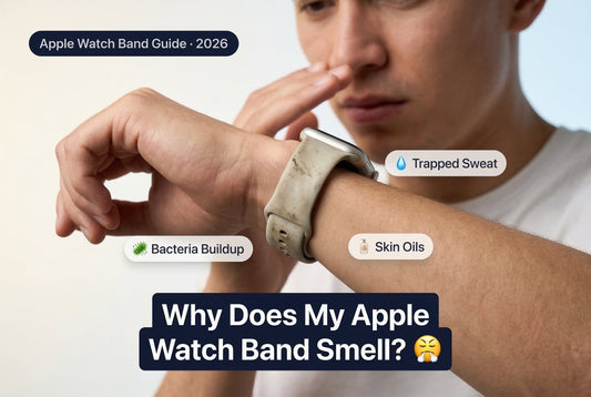A person looking at their Apple Watch band with a concerned expression, surrounded by visual callouts about smell, sweat, bacteria, and material choices for Apple Watch bands in 2026.