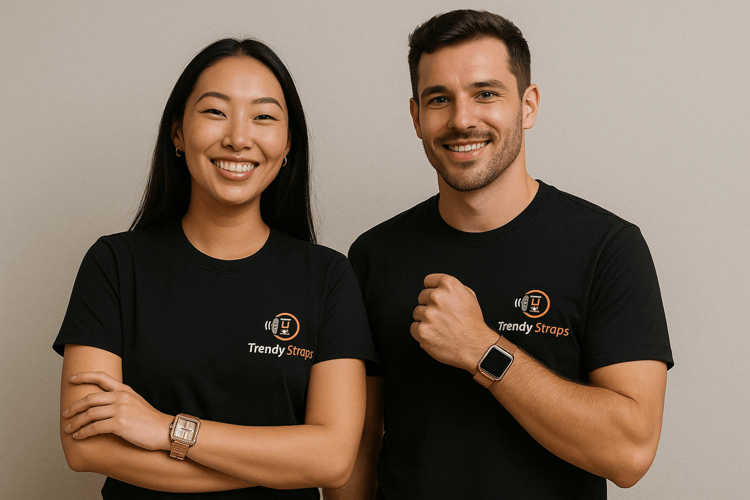 Two models showcasing trendy gold Apple Watch bands, emphasizing style and elegance for Apple Watch enthusiasts.