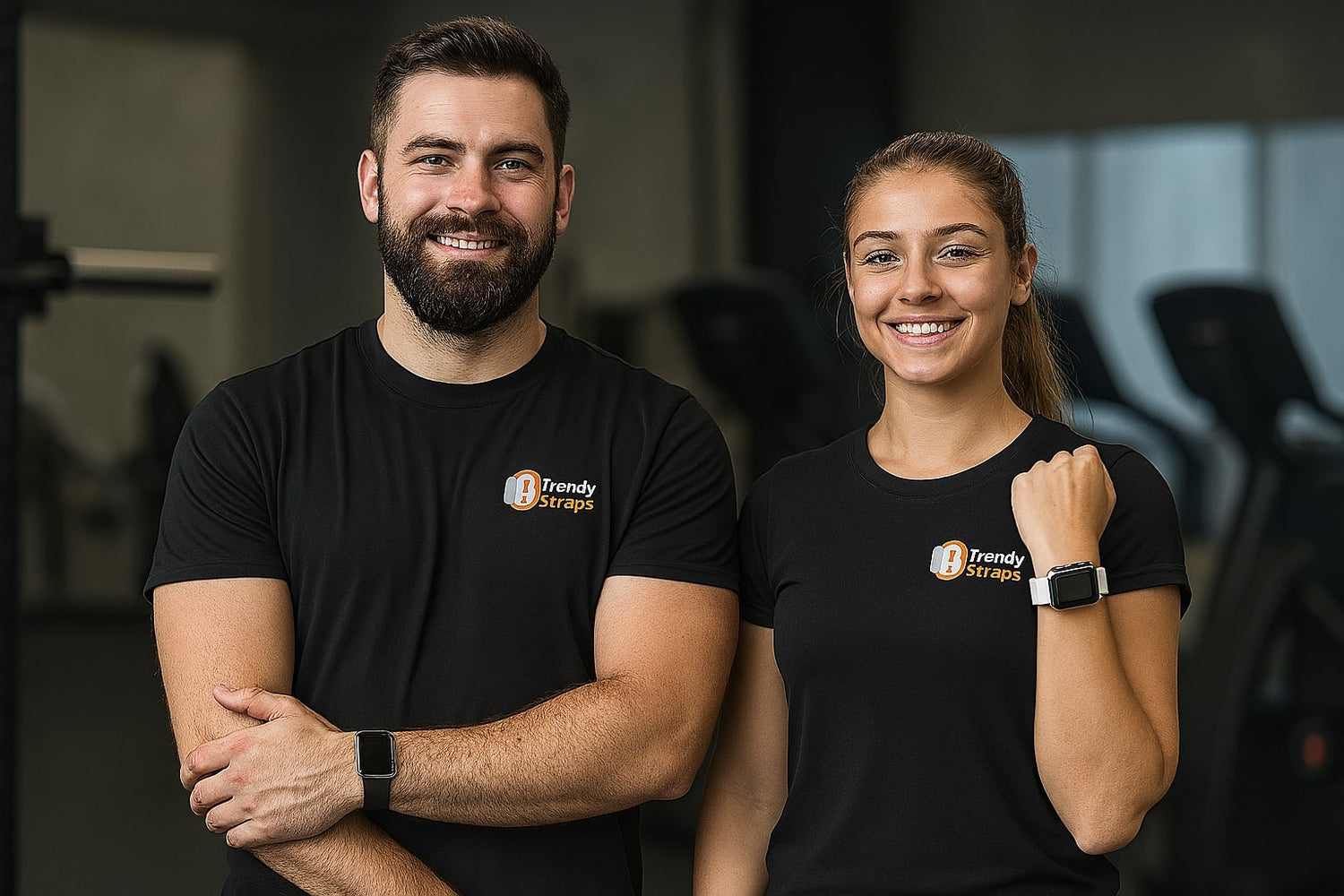 Smiling man and woman wearing black t-shirts, showcasing Apple Watch with rubber bands in a gym setting.