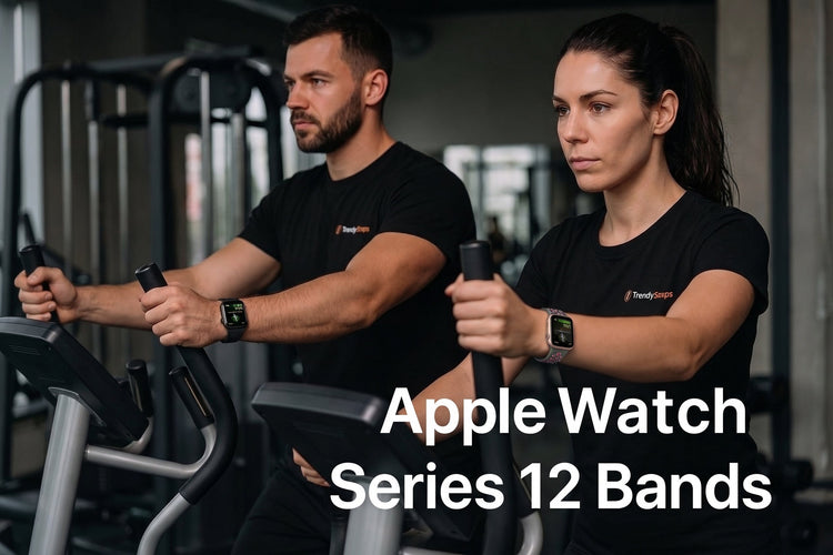 Man and woman in gym wearing black TrendyStraps logo t-shirts, showcasing Apple Watch Series 11 bands during workout with bold text 'Apple Watch Series 11 Bands'.