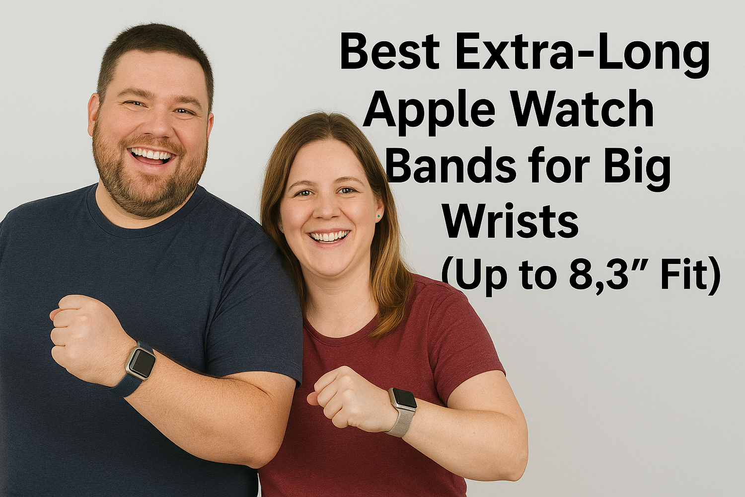 Smiling couple showcasing best extra-long Apple Watch bands for big wrists, fitting up to 8.3 inches.