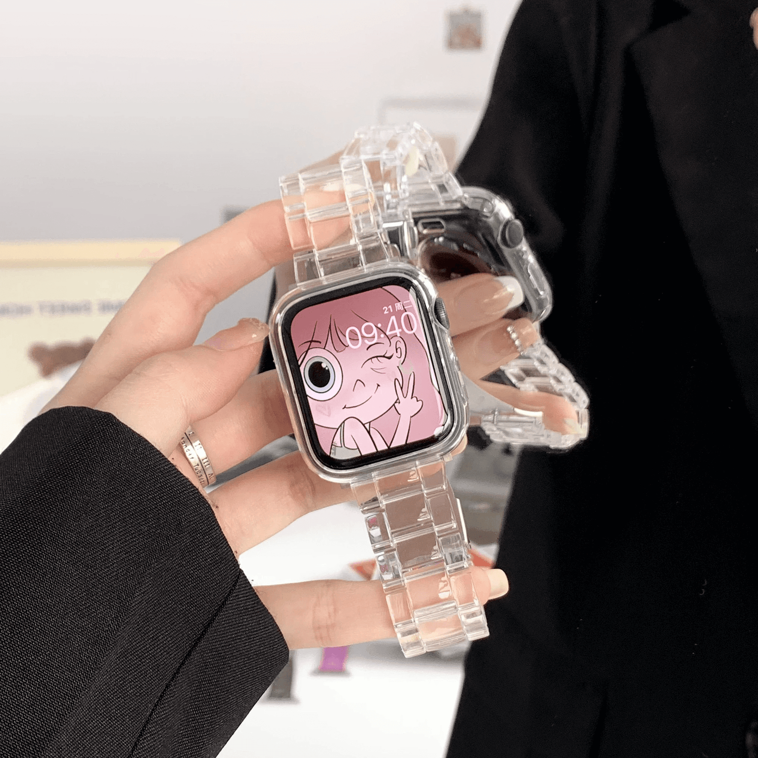 Clear Apple Watch strap showcased with colorful screen, highlighting trendy silicone design and minimal style for all models.
