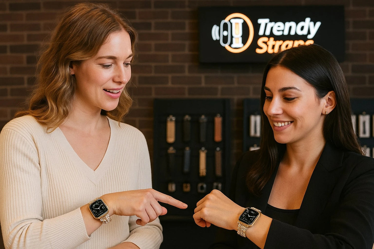 Elegantly styled woman wearing a diamond-studded Apple Watch band, showcasing sophistication and comfort.