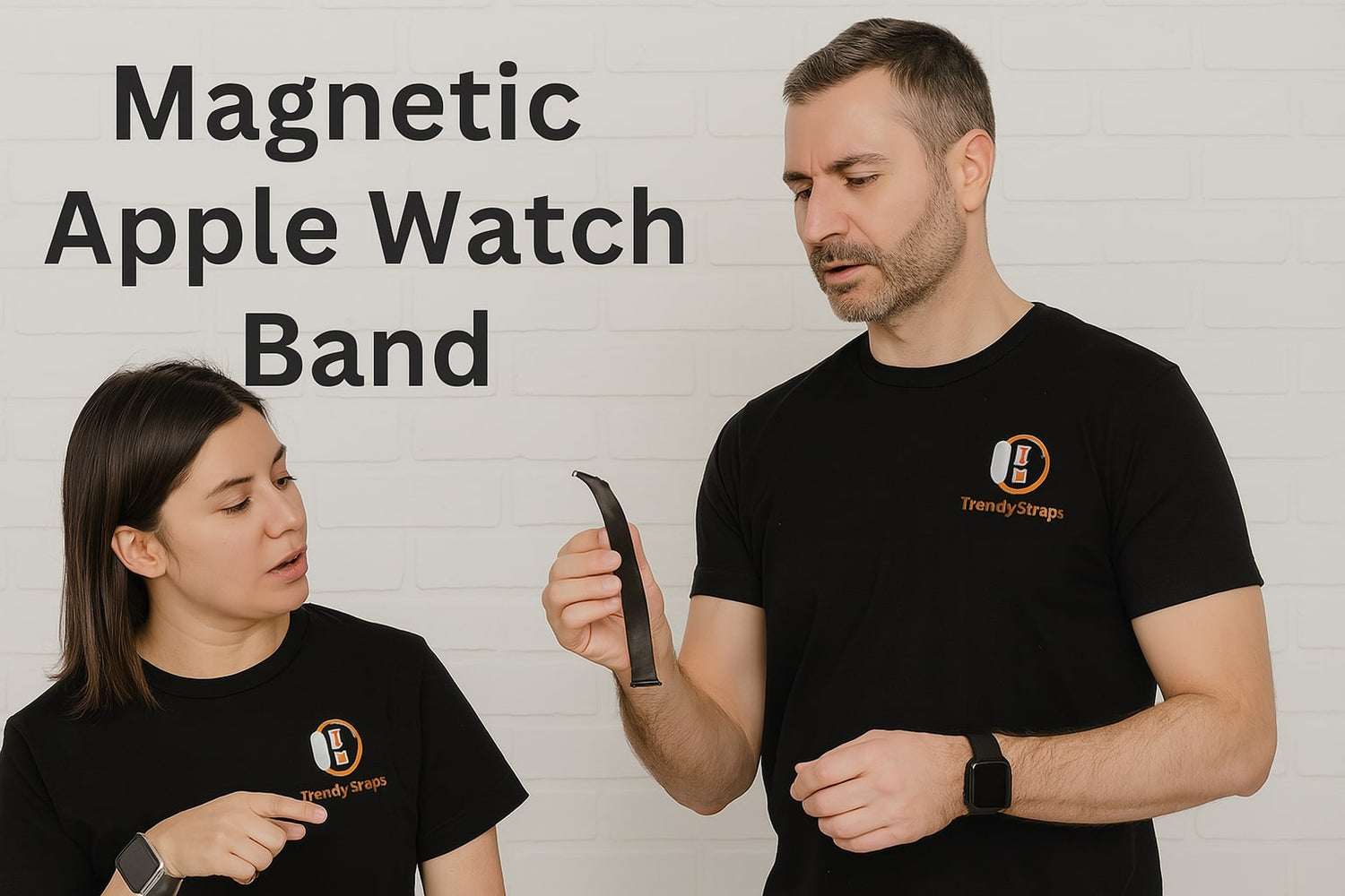 Two people discussing a Magnetic Apple Watch Band while showcasing its features, perfect for various Apple Watch models.