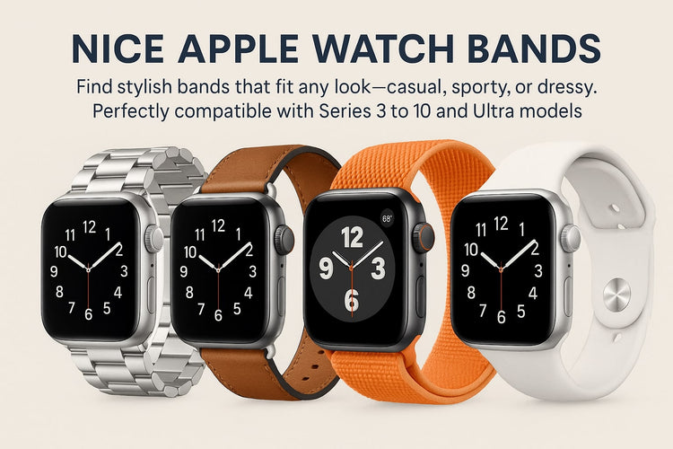 Collection of stylish Apple Watch bands in various colors and materials, compatible with Series 3 to 10 and Ultra models.
